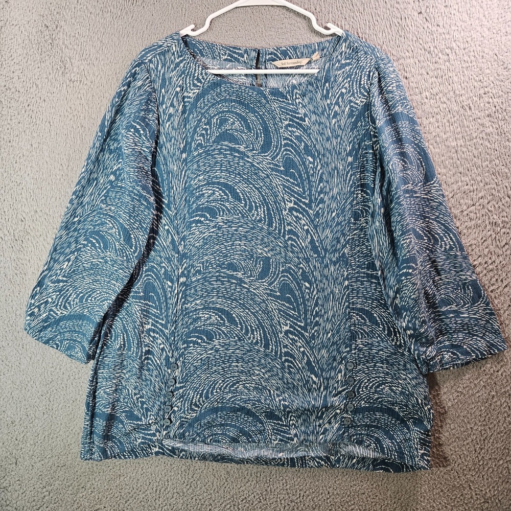 Soft Surroundings Tunic Top Blouse Women Large Geometric Print Teal Blue